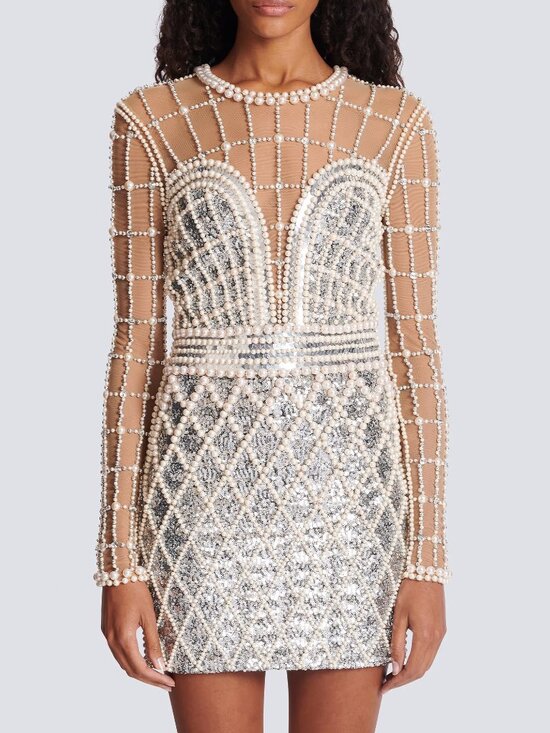 Balmain Dresses & Skirts - Balmain Pearl and Crystal Embellished Sequin Mini Dress Silver Size FR 38 US 6
